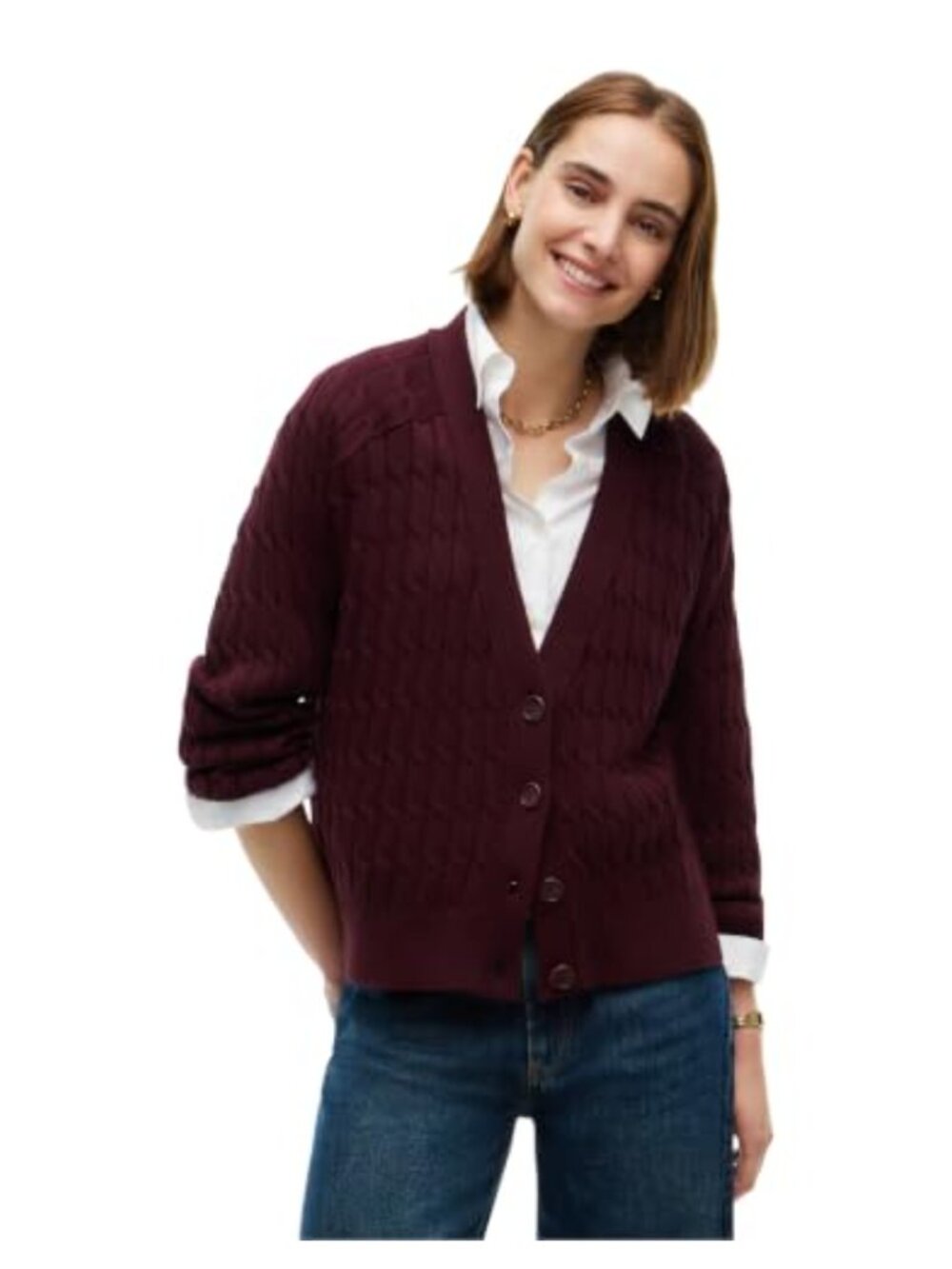 100% Cotton Cable Knit V-Neck Cardigan Sweater Long Sleeve
